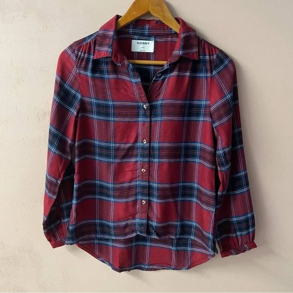 Old Navy Girls Burgundy|Blue|White Plaid Shirt Sz L (10-12) EUC
